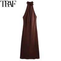 Halter Satin Long Dress Women Tied Backless Brown Midi Dress Summer Off Shoulder Party Dresses Pleated Evening Dress 4